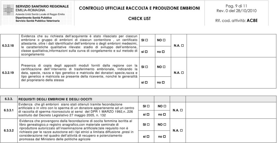 o degli embrioni medesimi, le caratteristiche qualitative rilevate: stadio di sviluppo dell embrione, classe qualitativa,informazioni sulla curva di congelamento e sul metodo di scongelamento 6.3.2.