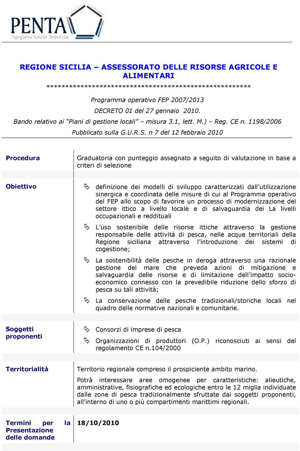 n 7 del 12 febbraio 2010 Procedura Graduatoria con punteggio assegnato a seguito di valutazione in base a criteri di selezione Obiettivo definizione dei modelli di sviluppo caratterizzati dall