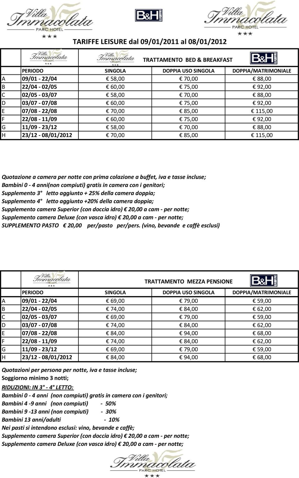 Quotazione a camera per notte con prima colazione a buffet, iva e tasse incluse; Bambini 0-4 anni(non compiuti) gratis in camera con i genitori; Supplemento 3 letto aggiunto + 25% della camera