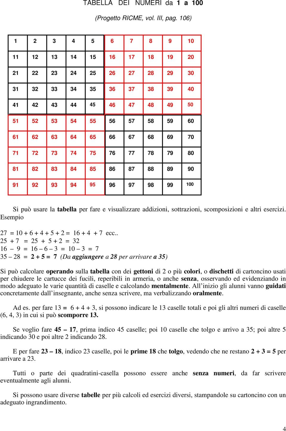 39 40 46 47 48 49 50 56 57 58 59 60 66 67 68 69 70 76 77 78 79 80 86 87 88 89 90 96 97 98 99 100 Si può usare la tabella per fare e visualizzare addizioni, sottrazioni, scomposizioni e altri esercizi.