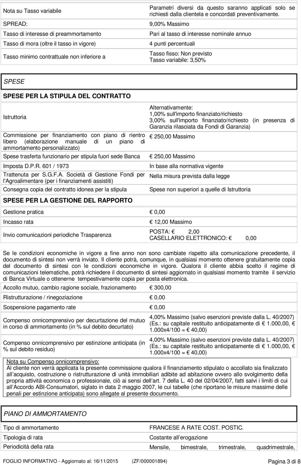 9,00% Massimo Pari al tasso di interesse nominale annuo 4 punti percentuali Tasso fisso: Non previsto Tasso variabile: 3,50% SPESE SPESE PER LA STIPULA DEL CONTRATTO Istruttoria Commissione per