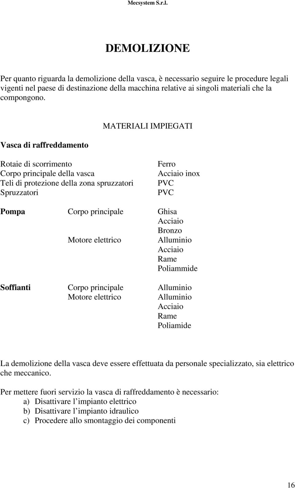 Ghisa Acciaio Bronzo Motore elettrico Alluminio Acciaio Rame Poliammide Soffianti Corpo principale Alluminio Motore elettrico Alluminio Acciaio Rame Poliamide La demolizione della vasca deve essere