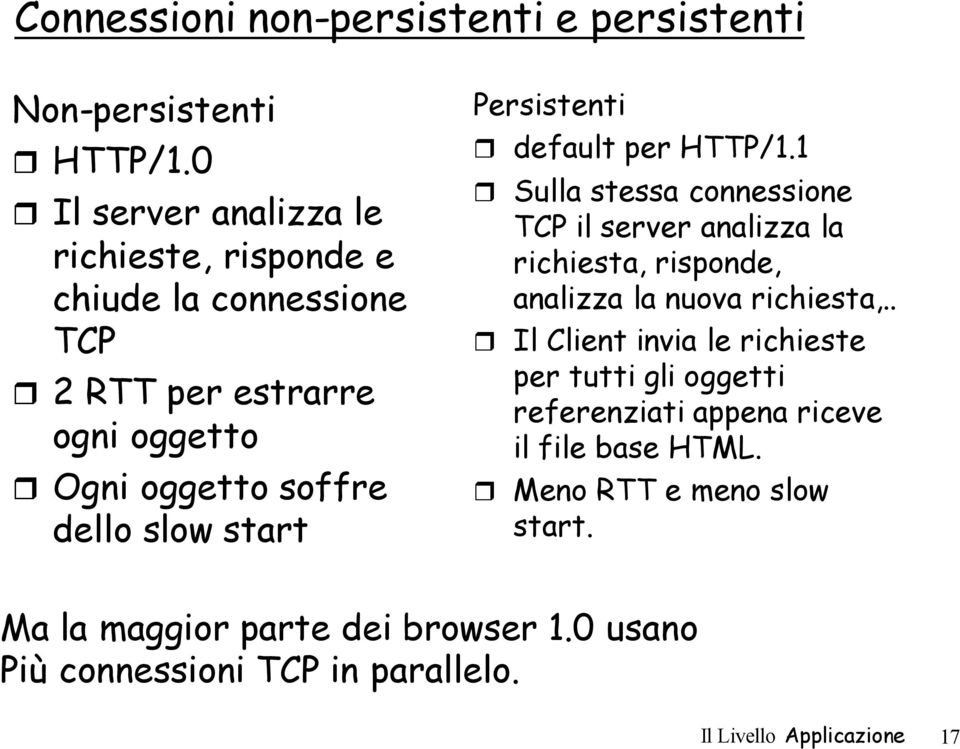 Persistenti default per HTTP/1.1 Sulla stessa connessione TCP il server analizza la richiesta, risponde, analizza la nuova richiesta,.