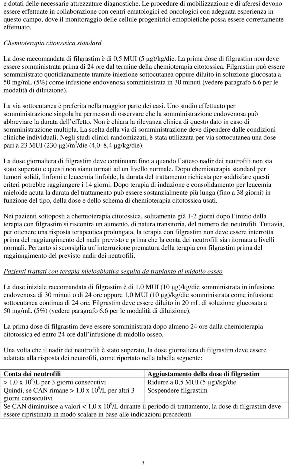 progenitrici emopoietiche possa essere correttamente effettuato. Chemioterapia citotossica standard La dose raccomandata di filgrastim è di 0,5 MUI (5 μg)/kg/die.