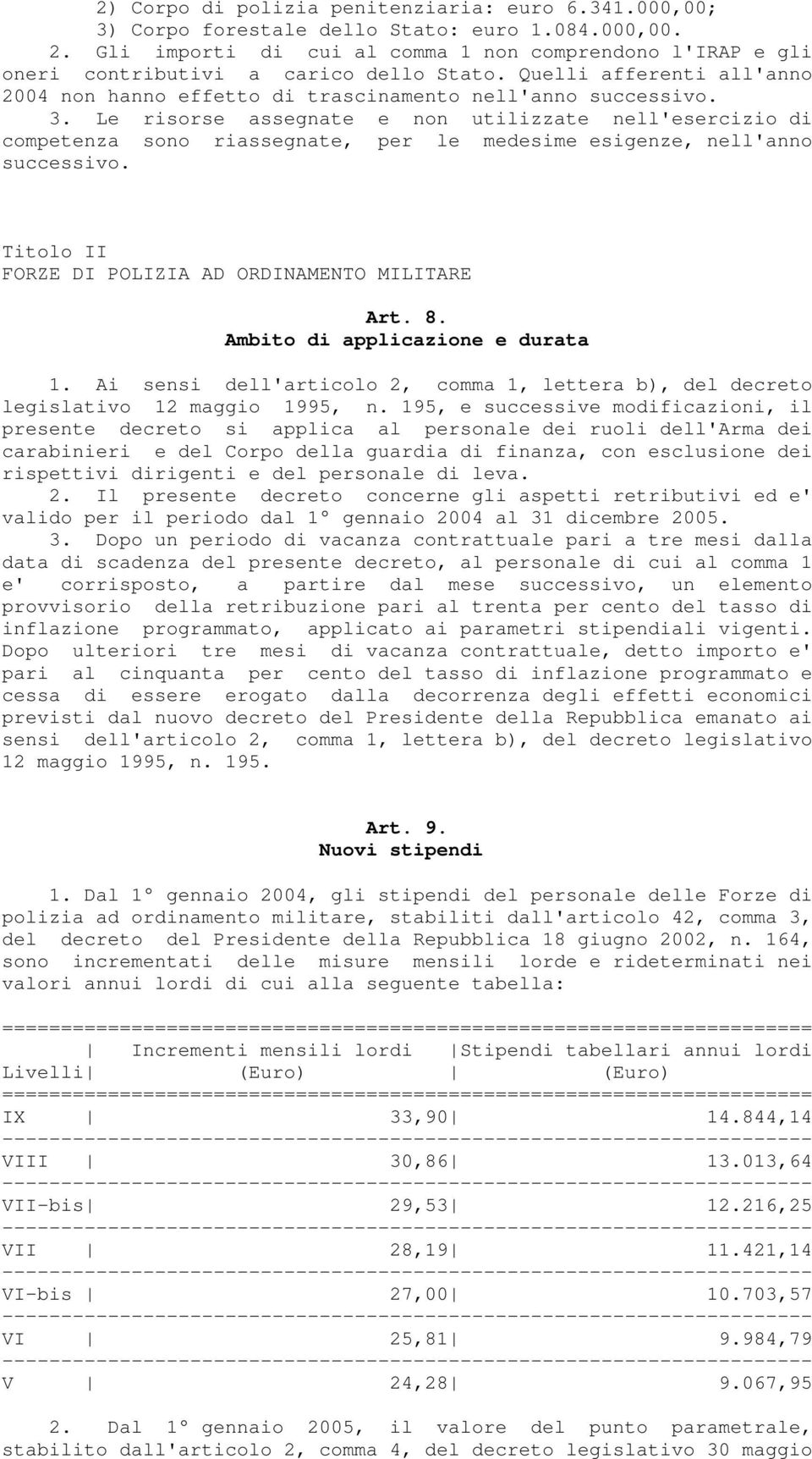 Le risorse assegnate e non utilizzate nell'esercizio di competenza sono riassegnate, per le medesime esigenze, nell'anno successivo. Titolo II FORZE DI POLIZIA AD ORDINAMENTO MILITARE Art. 8.