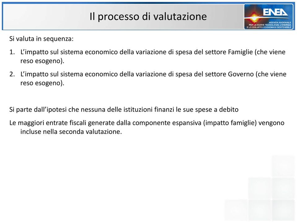 L impatto sul sistema economico della variazione di spesa del settore Governo (che viene reso esogeno).