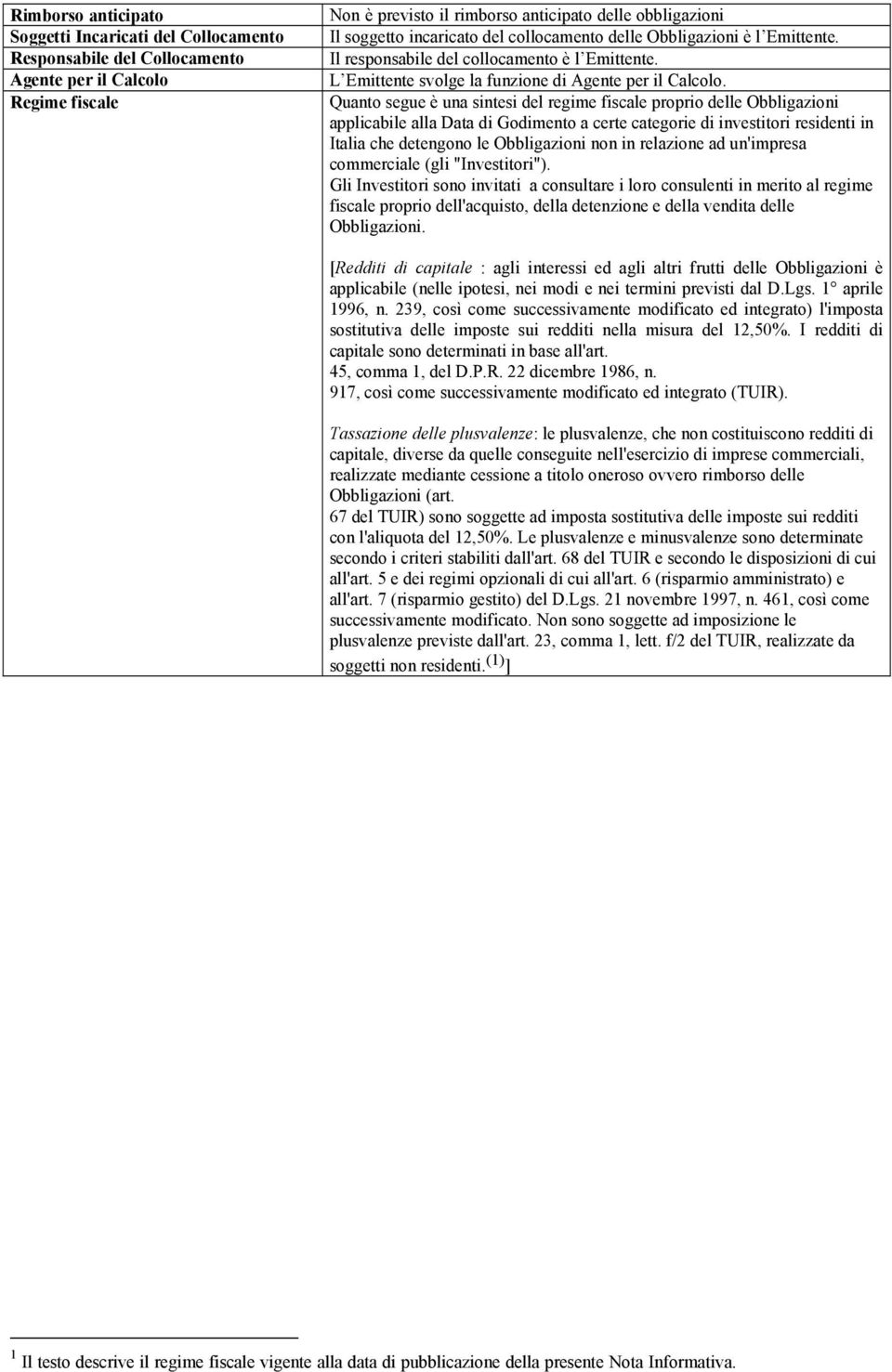 Quanto segue è una sintesi del regime fiscale proprio delle Obbligazioni applicabile alla Data di Godimento a certe categorie di investitori residenti in Italia che detengono le Obbligazioni non in