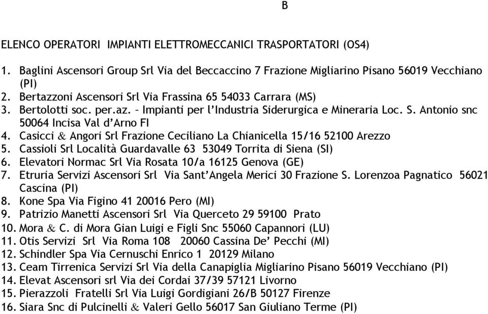 Casicci & Angori Srl Frazione Ceciliano La Chianicella 15/16 52100 Arezzo 5. Cassioli Srl Località Guardavalle 63 53049 Torrita di Siena (SI) 6.