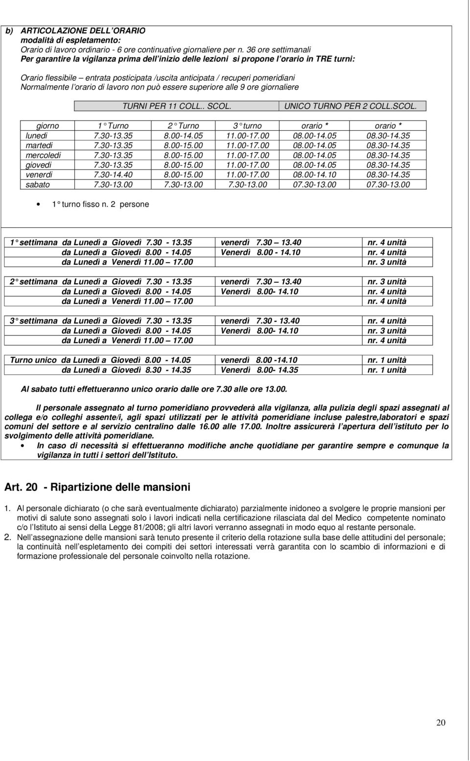 Normalmente l orario di lavoro non può essere superiore alle 9 ore giornaliere TURNI PER 11 COLL.. SCOL. UNICO TURNO PER 2 COLL.SCOL. giorno 1 Turno 2 Turno 3 turno orario * orario * lunedi 7.30-13.