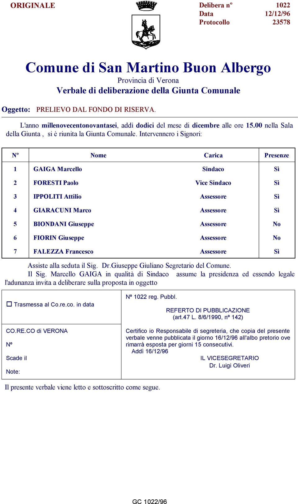 Intervennero i Signori: Nº Nome Carica Presenze 1 GAIGA Marcello Sindaco Sì 2 FORESTI Paolo Vice Sindaco Sì 3 IPPOLITI Attilio Assessore Sì 4 GIARACUNI Marco Assessore Sì 5 BIONDANI Giuseppe