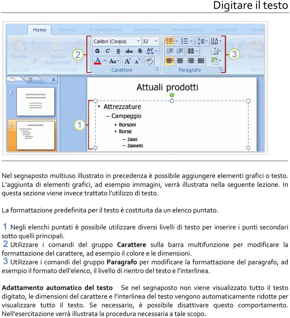 La formattazione predefinita per il testo è costituita da un elenco puntato.
