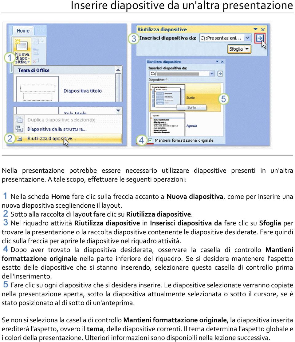 Sotto alla raccolta di layout fare clic su Riutilizza diapositive.