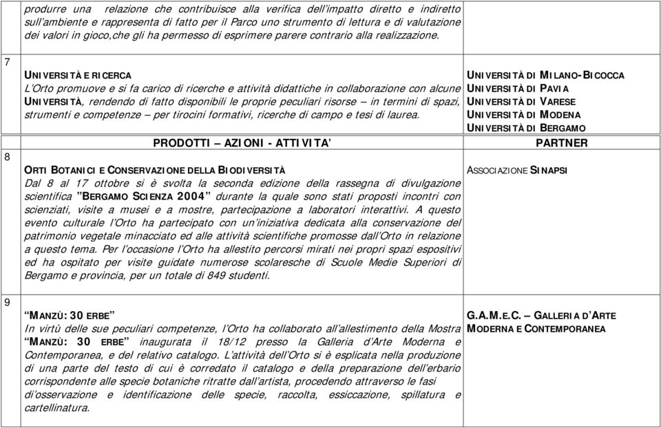 7 8 9 UNIVERSITÀ E RICERCA L Orto promuove e si fa carico di ricerche e attività didattiche in collaborazione con alcune UNIVERSITÀ, rendendo di fatto disponibili le proprie peculiari risorse in