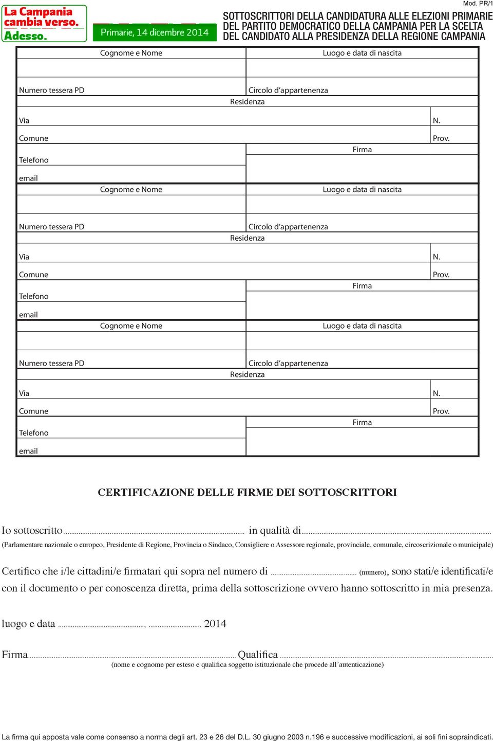 circoscrizionale o municipale) Certifico che i/le cittadini/e firmatari qui sopra nel numero di.