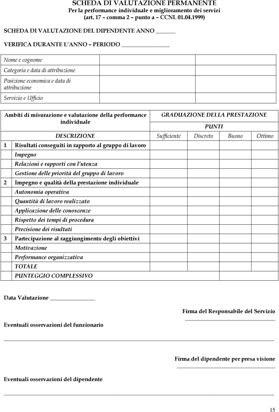 di misurazione e valutazione della performance individuale GRADUAZIONE DELLA PRESTAZIONE PUNTI DESCRIZIONE Sufficiente Discreto Buono Ottimo 1 Risultati conseguiti in rapporto al gruppo di lavoro