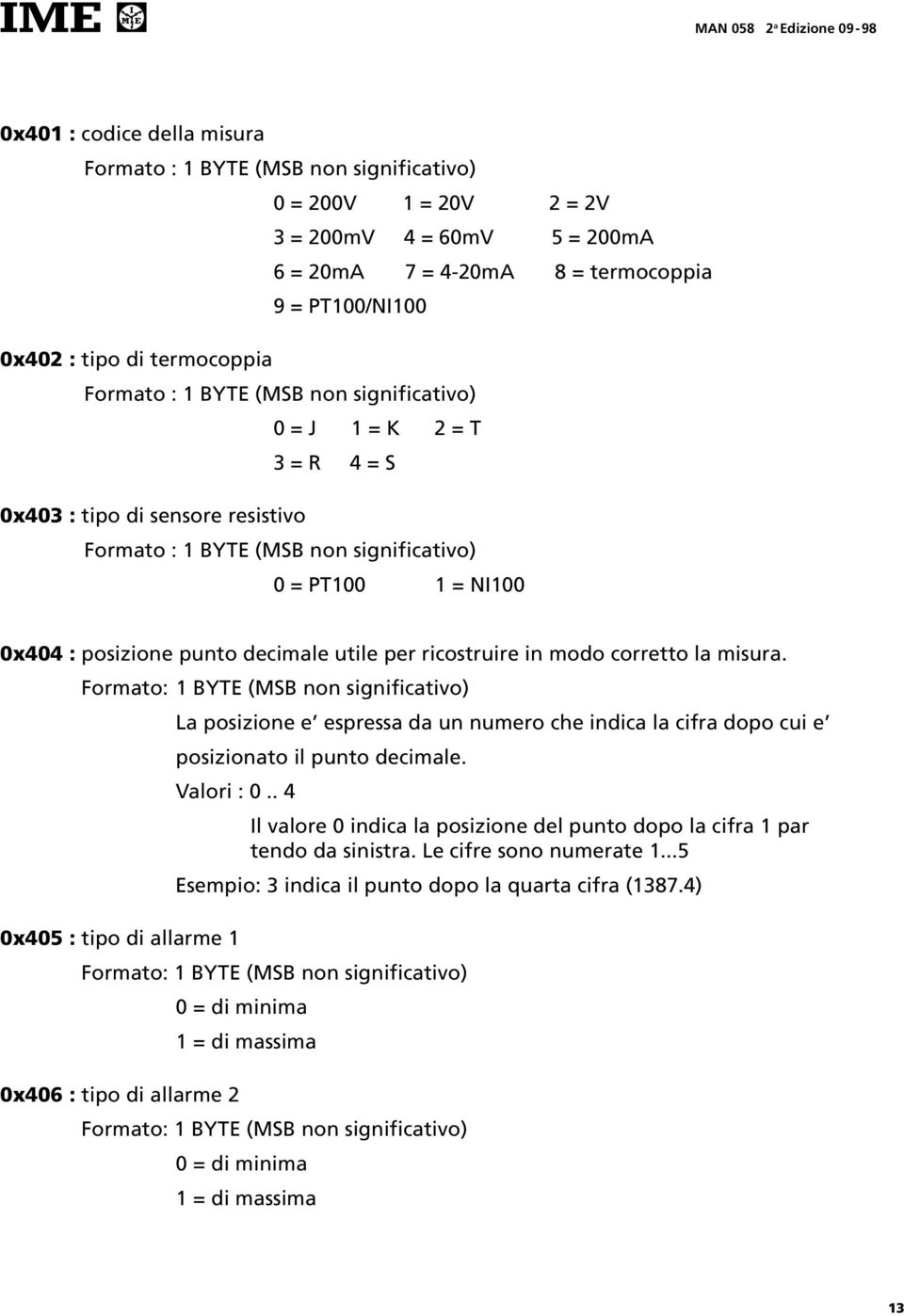 NI100 0x404 : posizione punto decimale utile per ricostruire in modo corretto la misura.