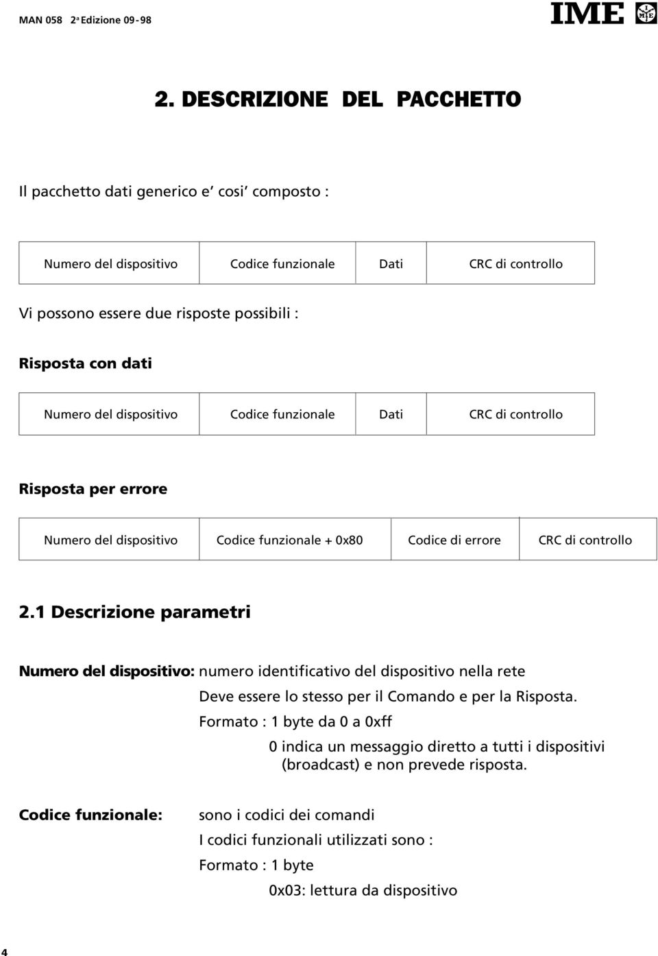 Numero del dispositivo Codice funzionale Dati CRC di controllo Risposta per errore Numero del dispositivo Codice funzionale + 0x80 Codice di errore CRC di controllo 2.