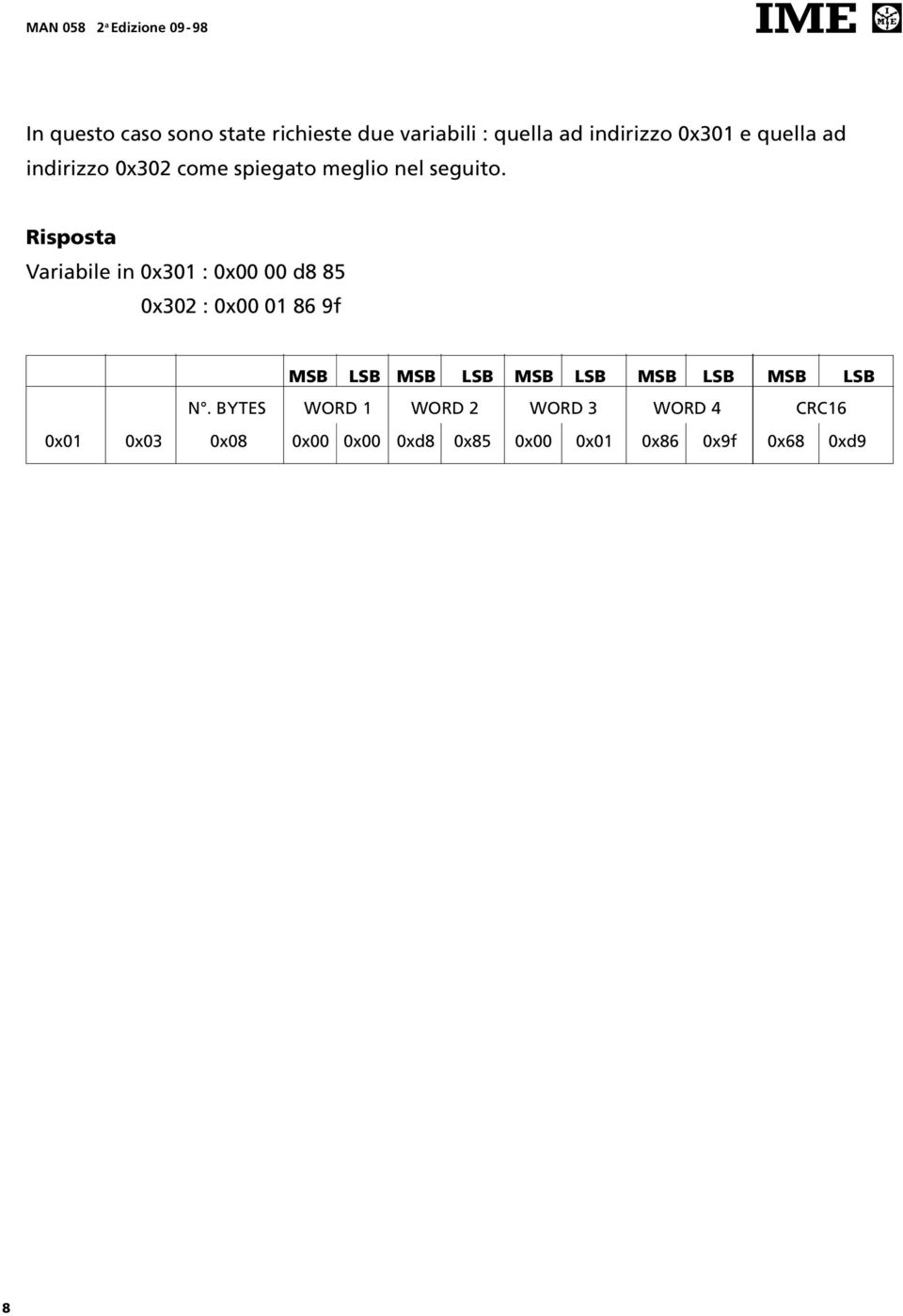 Risposta Variabile in 0x301 : 0x00 00 d8 85 0x302 : 0x00 01 86 9f MSB LSB MSB LSB MSB LSB MSB