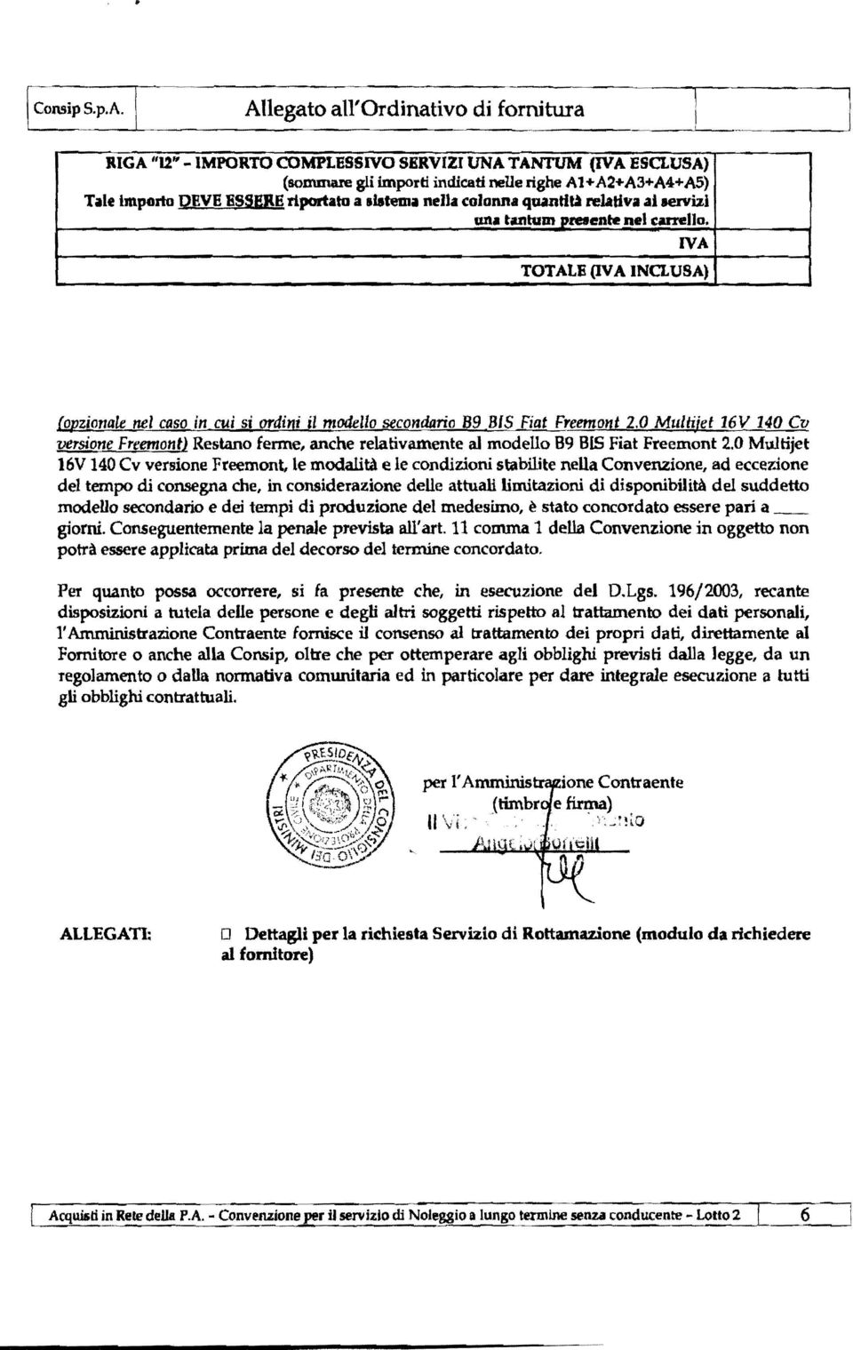 mtl~ relativa ai aervizi una tiu'ltum3'retente nel (arreljo. IVA TOTALE (IV A INCLUSA) (Qpzionale nel caso in cui si ordini il mothllo secondario 89 BIS Fiat Freemont 2.