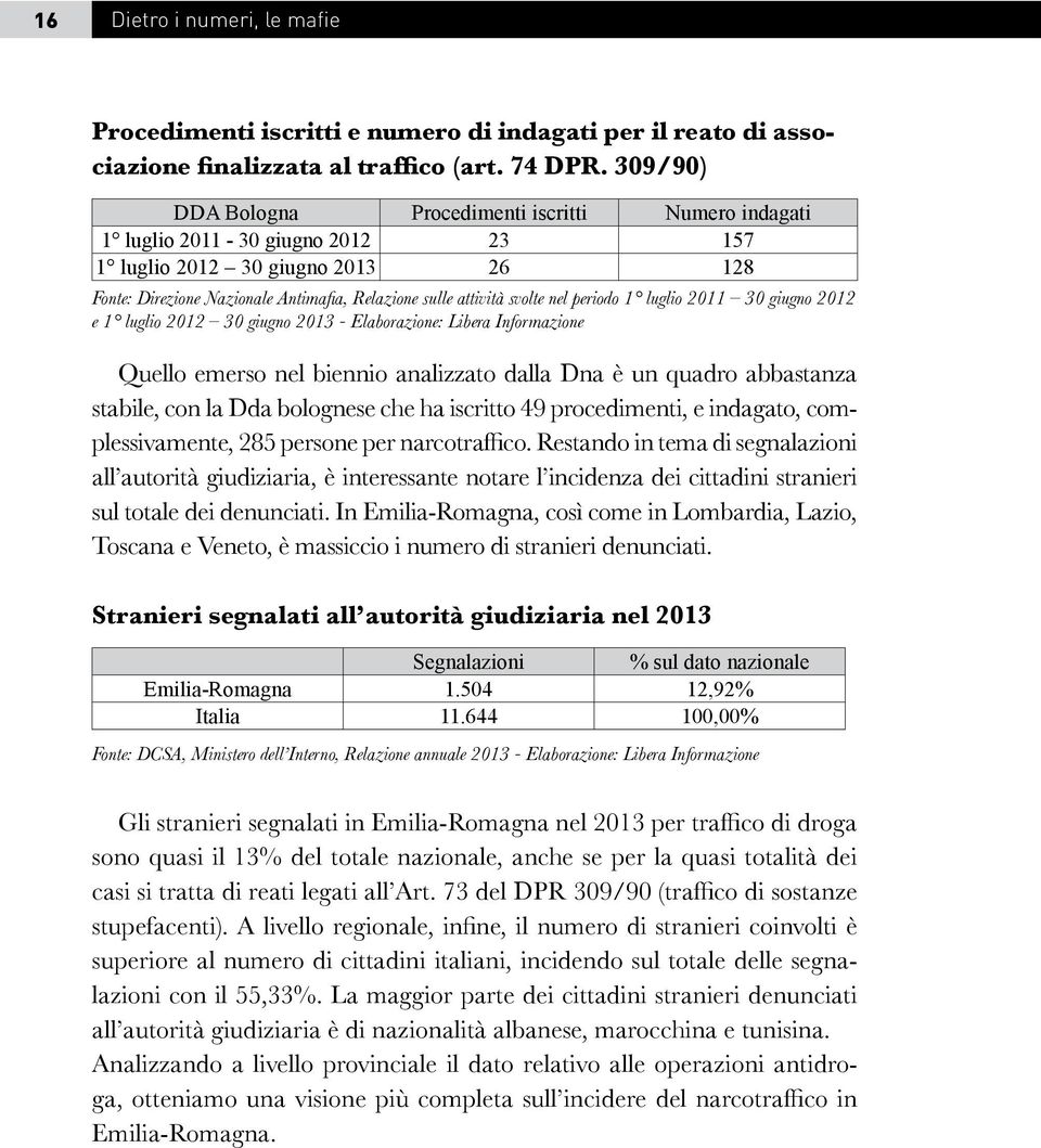 nel periodo 1 luglio 2011 30 giugno 2012 e 1 luglio 2012 30 giugno 2013 - Elaborazione: Libera Informazione Quello emerso nel biennio analizzato dalla Dna è un quadro abbastanza stabile, con la Dda