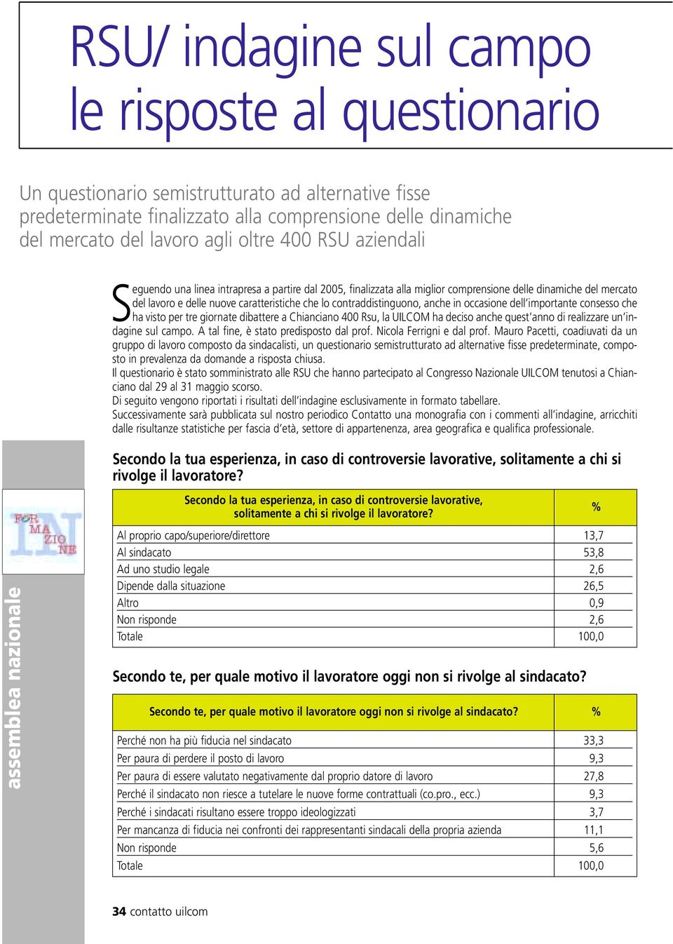 contraddistinguono, anche in occasione dell importante consesso che ha visto per tre giornate dibattere a Chianciano 400 Rsu, la UILCOM ha deciso anche quest anno di realizzare un indagine sul campo.