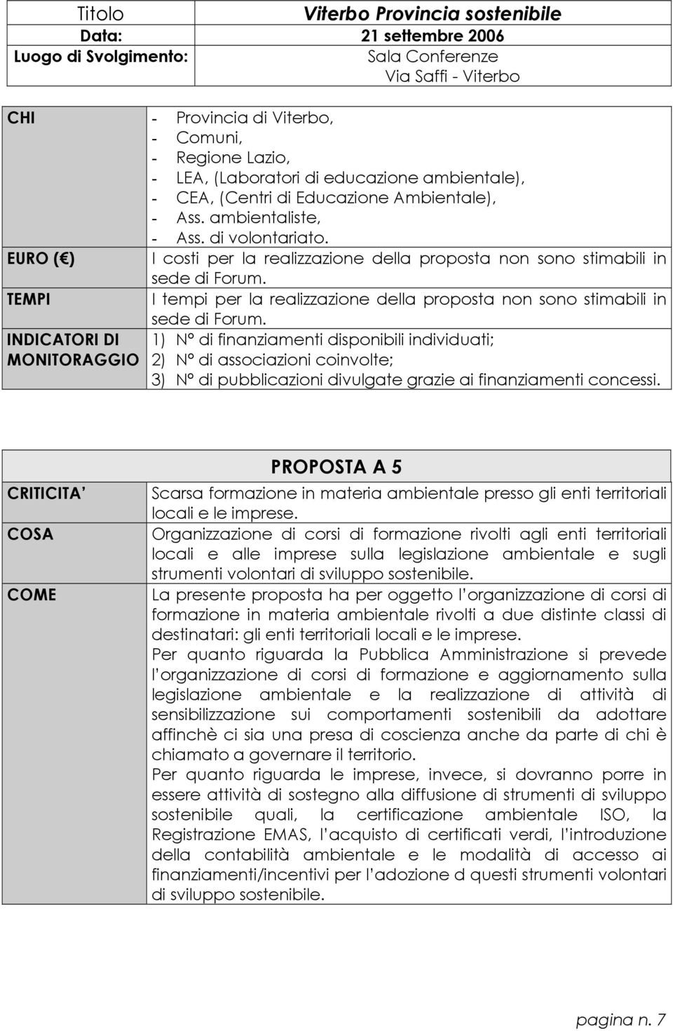 finanziamenti concessi. CRITICITA COSA PROPOSTA A 5 Scarsa formazione in materia ambientale presso gli enti territoriali locali e le imprese.