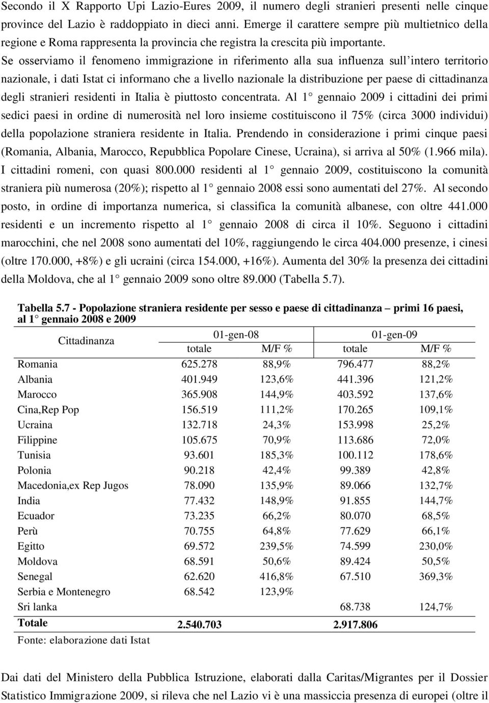 Se osserviamo il fenomeno immigrazione in riferimento alla sua influenza sull intero territorio nazionale, i dati Istat ci informano che a livello nazionale la distribuzione per paese di cittadinanza