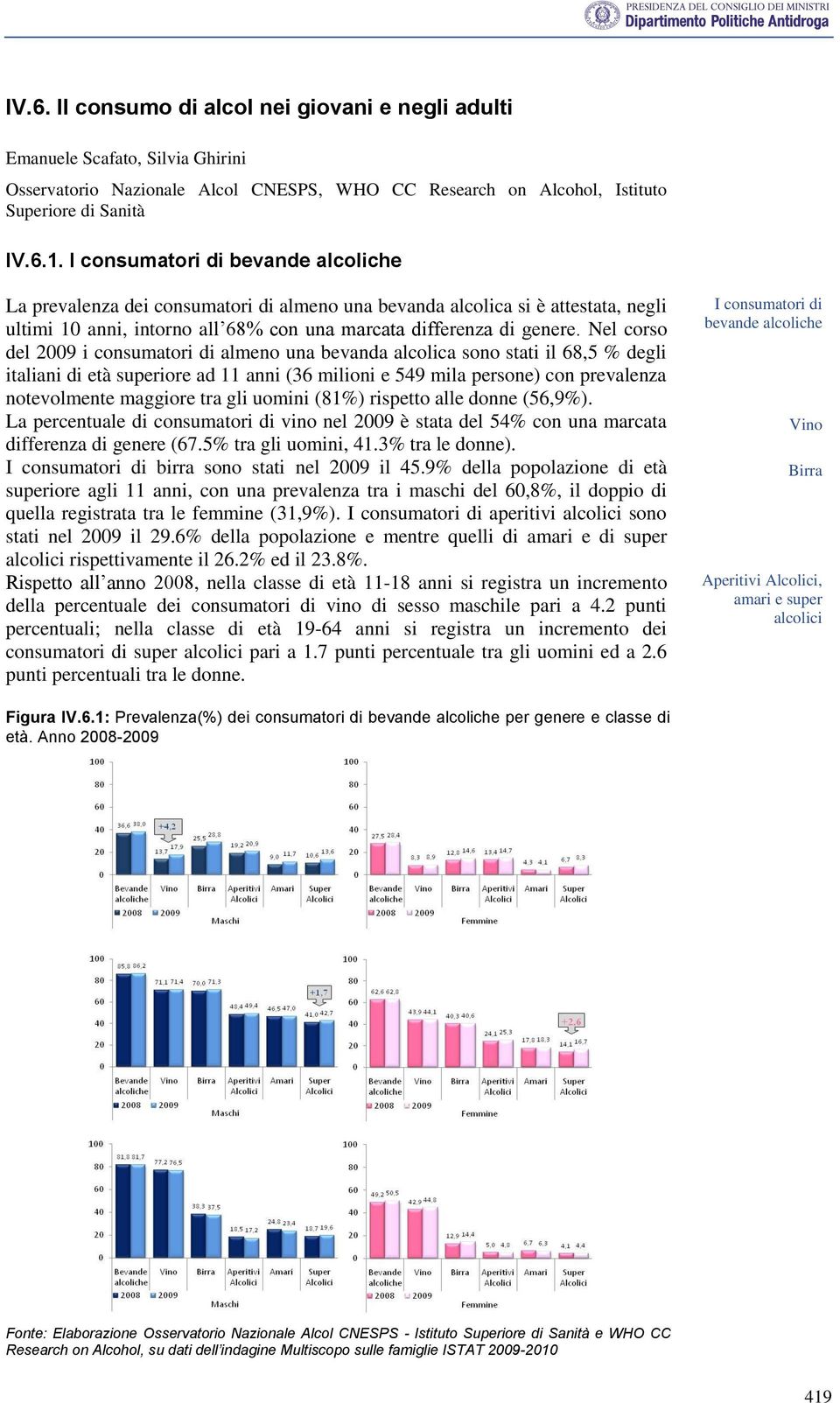 Nel corso del 2009 i consumatori di almeno una bevanda alcolica sono stati il 68,5 % degli italiani di età superiore ad 11 anni (36 milioni e 549 mila persone) con prevalenza notevolmente maggiore