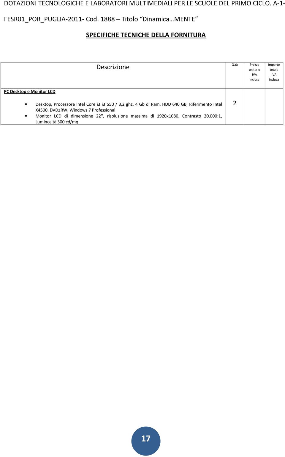tà Prezzo unitario IVA inclusa Importo totale IVA inclusa PC Desktop e Monitor LCD Desktop, Processore Intel Core i3 i3 550 / 3,2