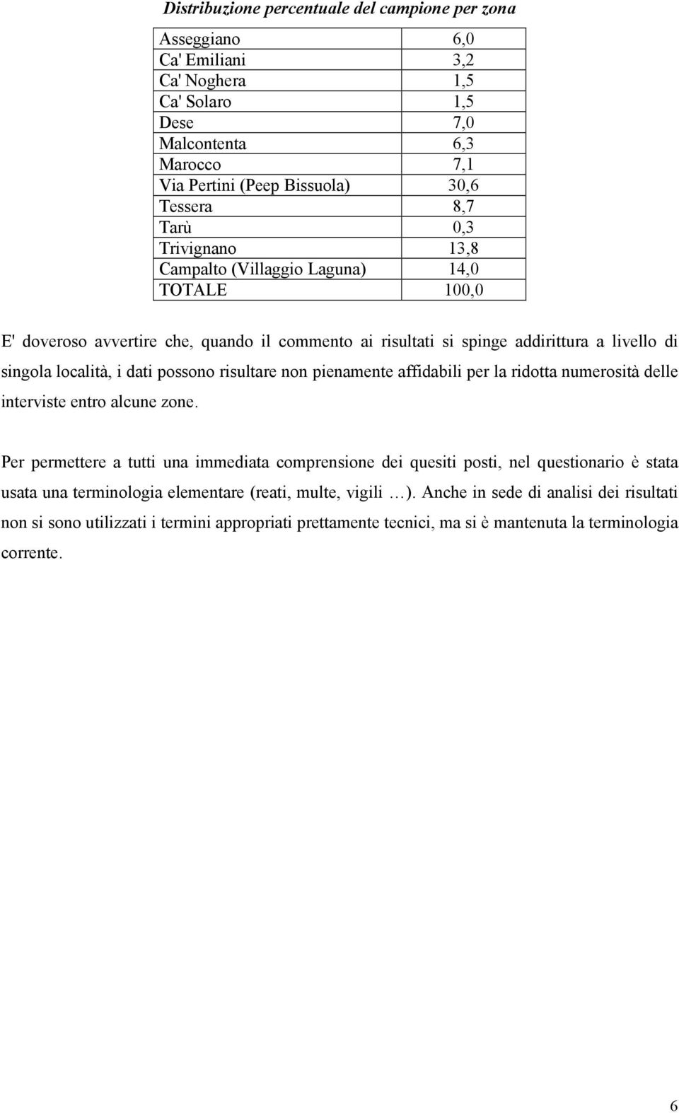 risultare non pienamente affidabili per la ridotta numerosità delle interviste entro alcune zone.