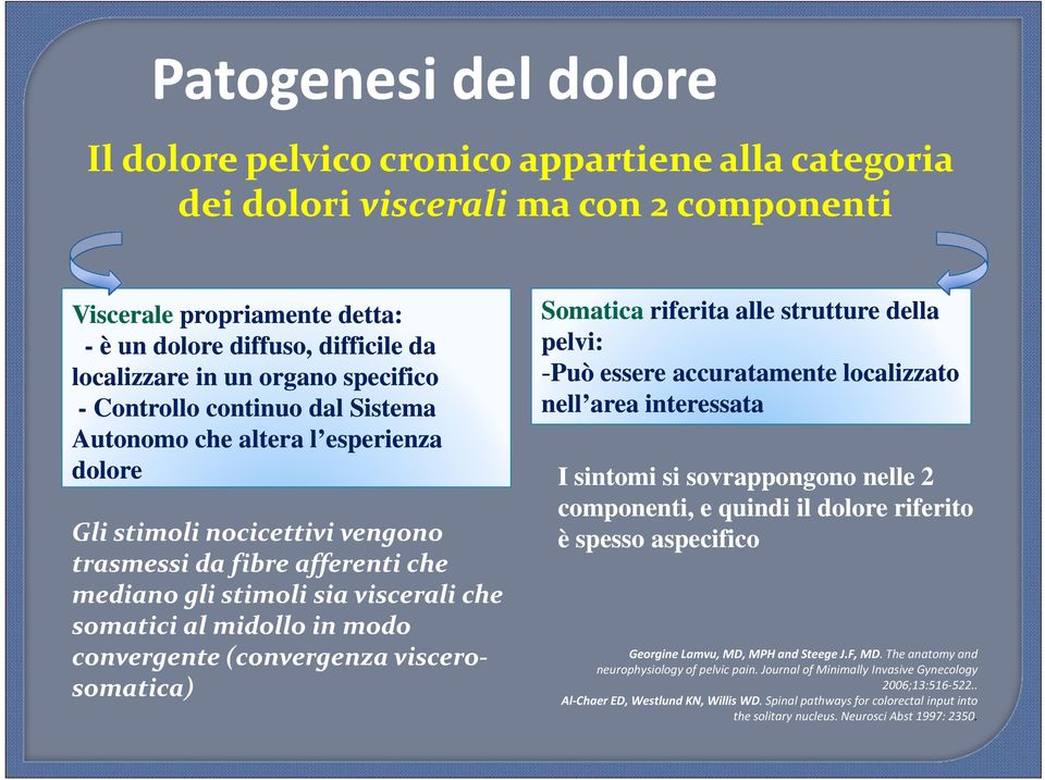 somatici al midollo in modo convergente (convergenza viscero- somatica) Somatica riferita alle strutture della pelvi: -Può essere accuratamente localizzato nell area interessata I sintomi si