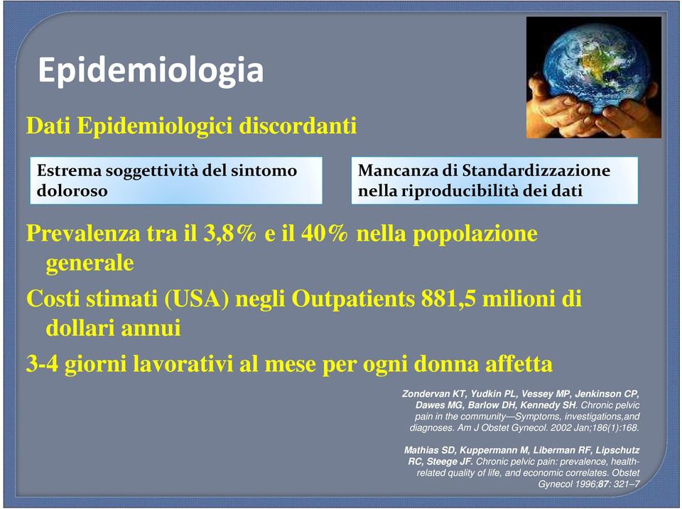 Vessey MP, Jenkinson CP, Dawes MG, Barlow DH, Kennedy SH.. Chronic pelvic pain in the community Symptoms, investigations,and diagnoses. Am J Obstet Gynecol. 2002 Jan;186(1):168.