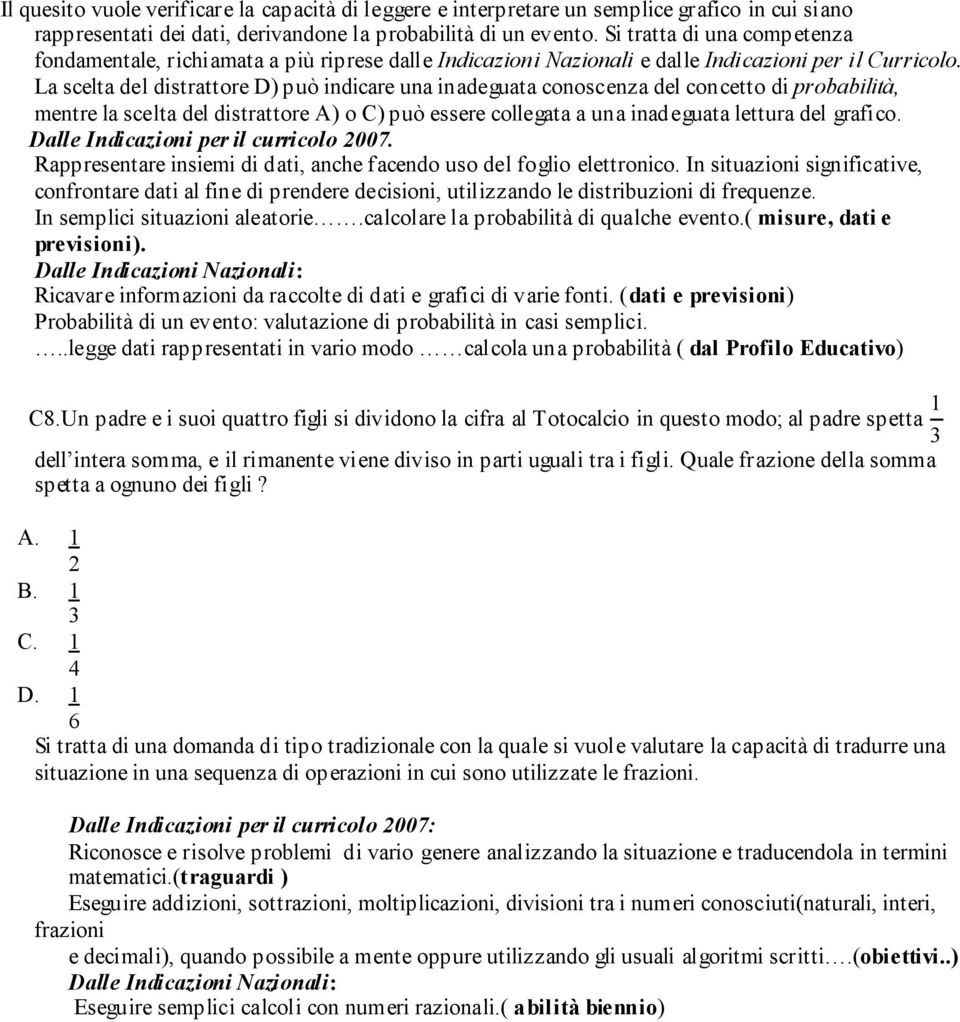 La scelta del distrattore D) può indicare una inadeguata conoscenza del concetto di probabilità, mentre la scelta del distrattore A) o C) può essere collegata a una inadeguata lettura del grafico.