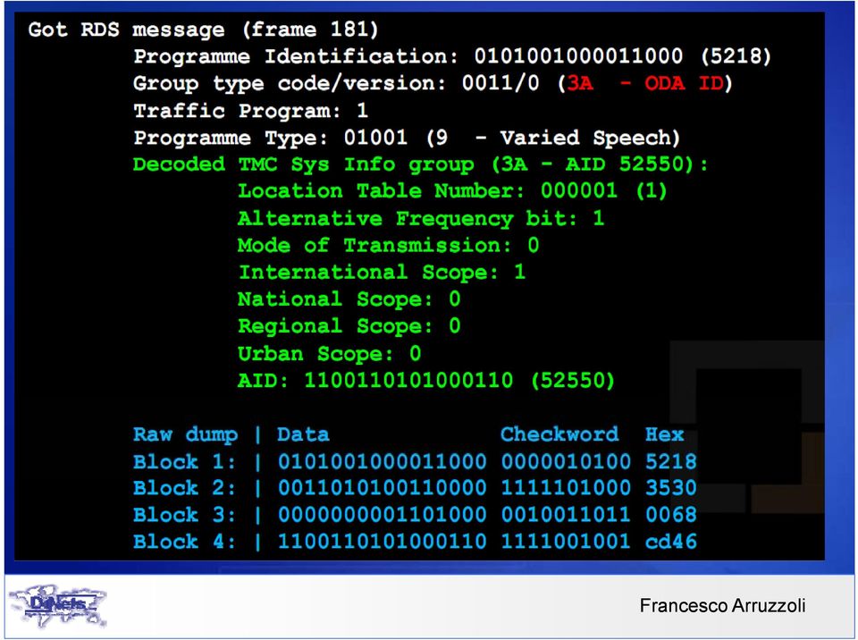 "\t\ttraffic Announcement: $TA\n", "\t\tmusic Speech switch: $TA\n", "\t\tdecoder Identification control: $DI$C1$C0 (". parse_di($di, $C1, $C0). ")\n", "\t\talternative Frequencies: $AF1, $AF2 (".