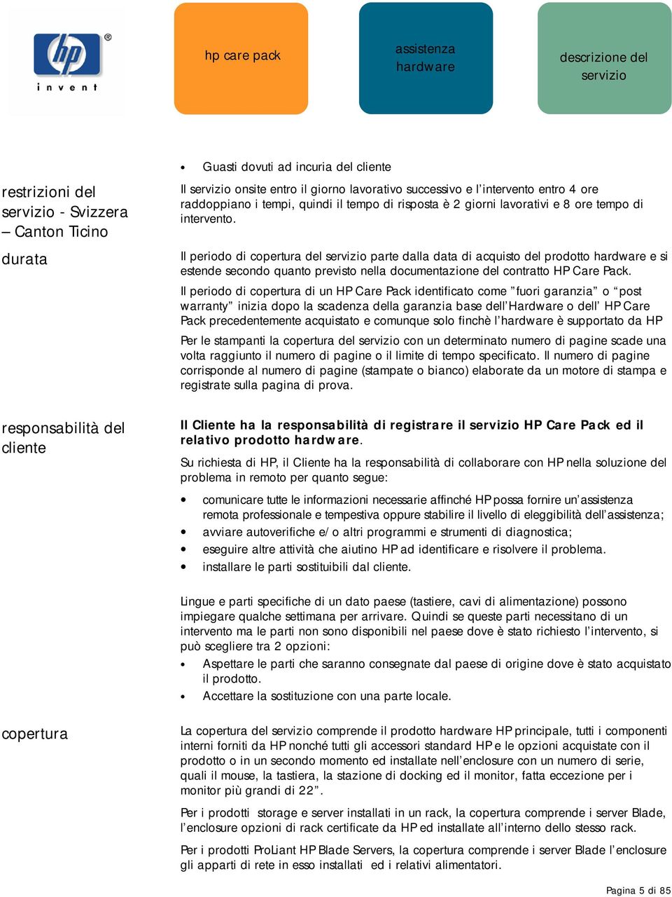 Il periodo di copertura del parte dalla data di acquisto del prodotto e si estende secondo quanto previsto nella documentazione del contratto HP Care Pack.