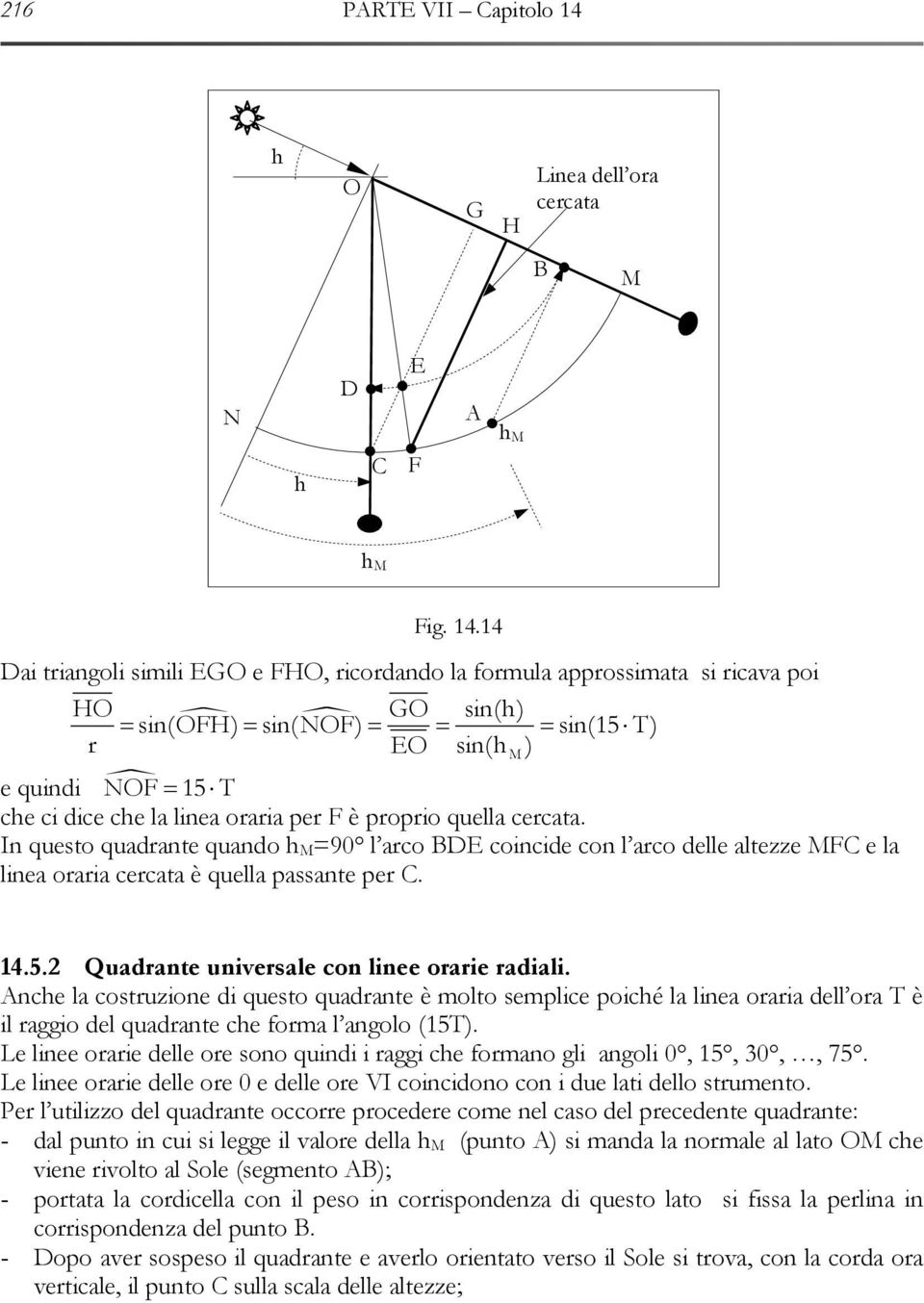 14 Dai triangoli simili EGO e FHO, ricordando la formula approssimata si ricava poi HO GO sin(h) = sin(ofh) = sin( NOF) = = = sin(15 T) r EO sin(h M ) e quindi NOF = 15 T che ci dice che la linea