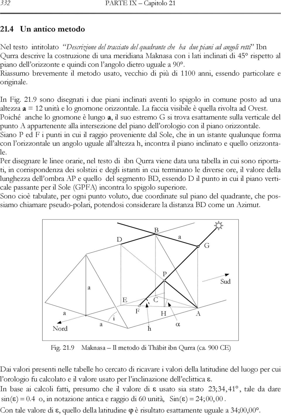 rispetto al piano dell orizzonte e quindi con l angolo dietro uguale a 90. Riassumo brevemente il metodo usato, vecchio di più di 1100 anni, essendo particolare e originale. In Fig. 21.