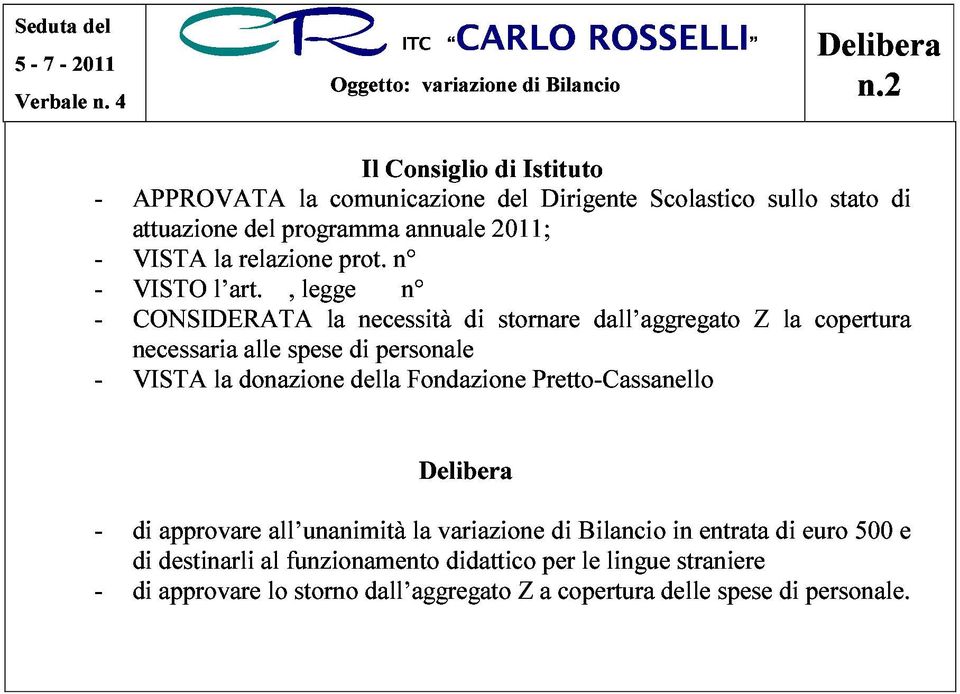 n n annuale 2011; del Dirigente Scolastico sullo stato di CONSIDERATA necessaria VISTA la donazione alle spese la di della necessità personale Fondazione di