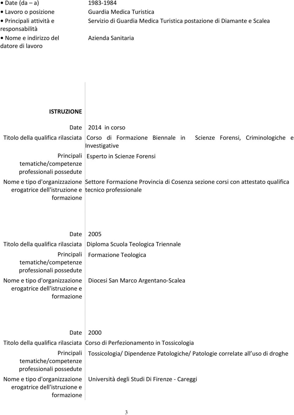 in Scienze Forensi Scienze Forensi, Criminologiche e Settore Formazione Provincia di Cosenza sezione corsi con attestato qualifica tecnico professionale Date 2005 Titolo della qualifica rilasciata