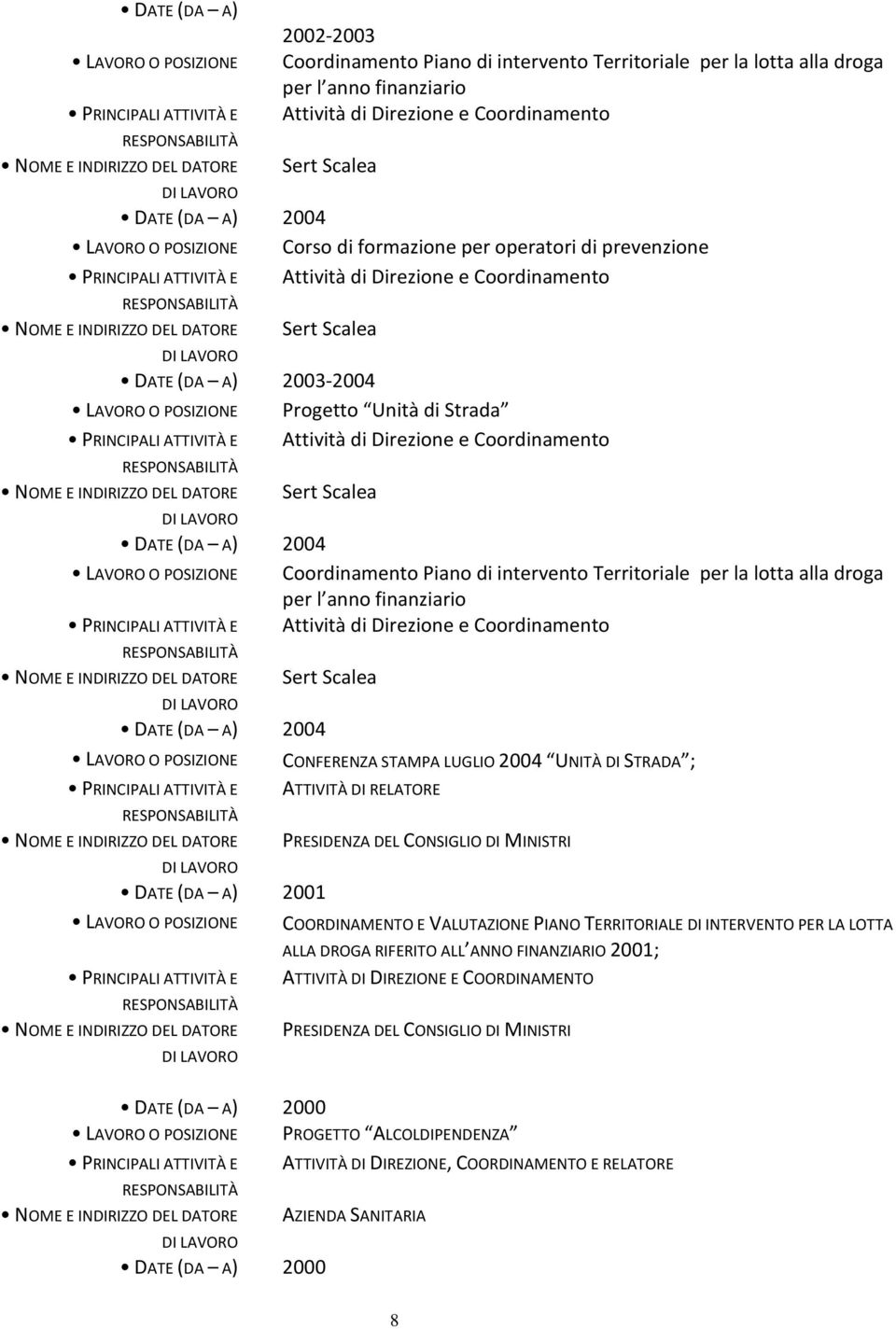 2004 Coordinamento Piano di intervento Territoriale per la lotta alla droga per l anno finanziario Attività di Direzione e Coordinamento DATE (DA A) 2004 DATE (DA A) 2001 DATE (DA A) 2000 DATE (DA A)