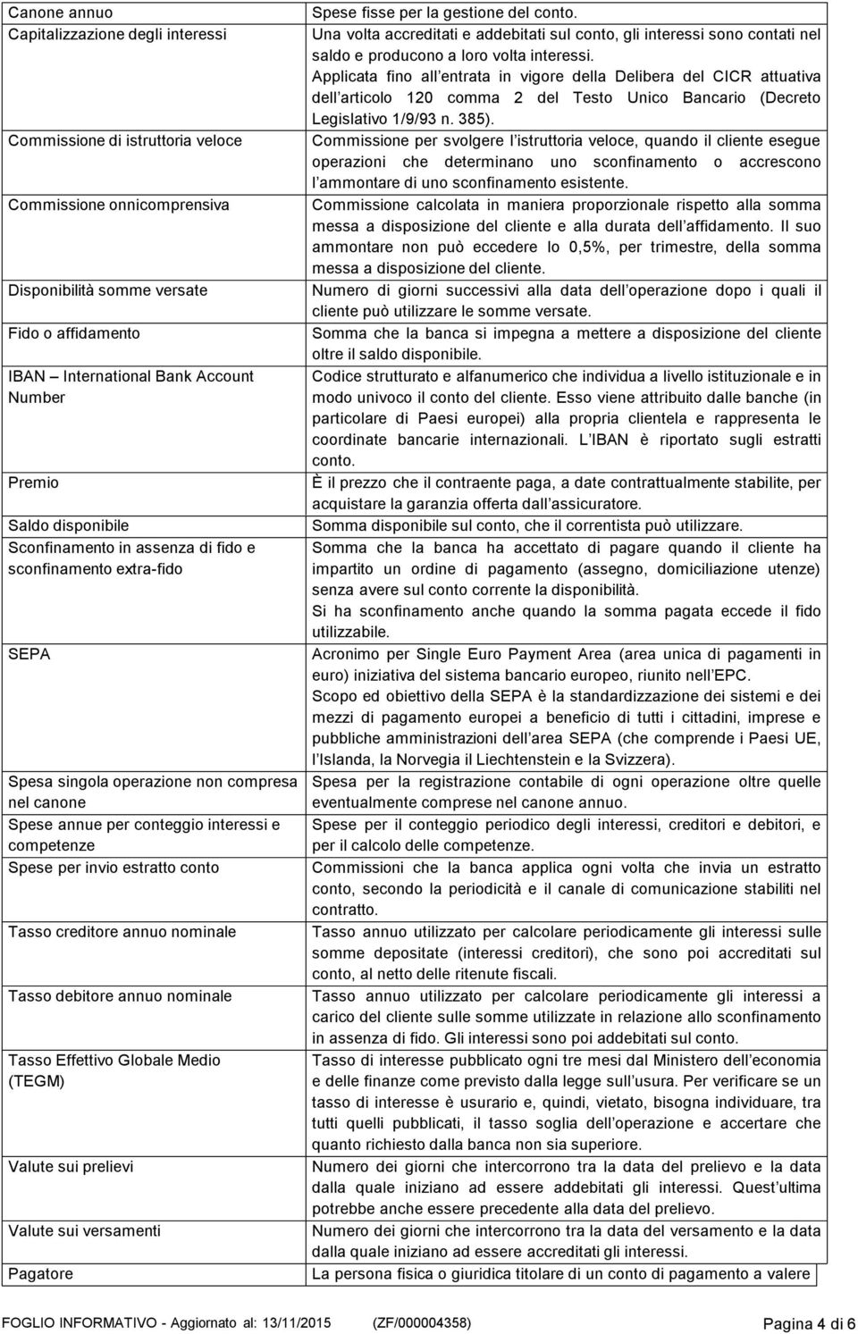 invio estratto conto Tasso creditore annuo nominale Tasso debitore annuo nominale Tasso Effettivo Globale Medio (TEGM) Valute sui prelievi Valute sui versamenti Pagatore Spese fisse per la gestione