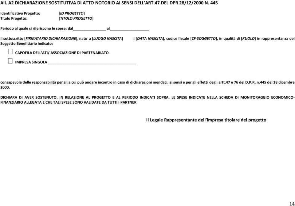 Soggetto Beneficiario indicato: CAPOFILA DELL ATI/ ASSOCIAZIONE DI PARTENARIATO IMPRESA SINGOLA il [DATA NASCITA], codice fiscale [CF SOGGETTO], in qualità di [RUOLO] in rappresentanza del