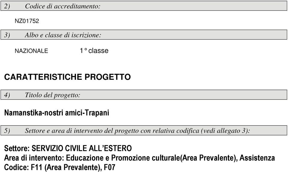 intervento del progetto con relativa codifica (vedi allegato 3): Settore: SERVIZIO CIVILE ALL ESTERO