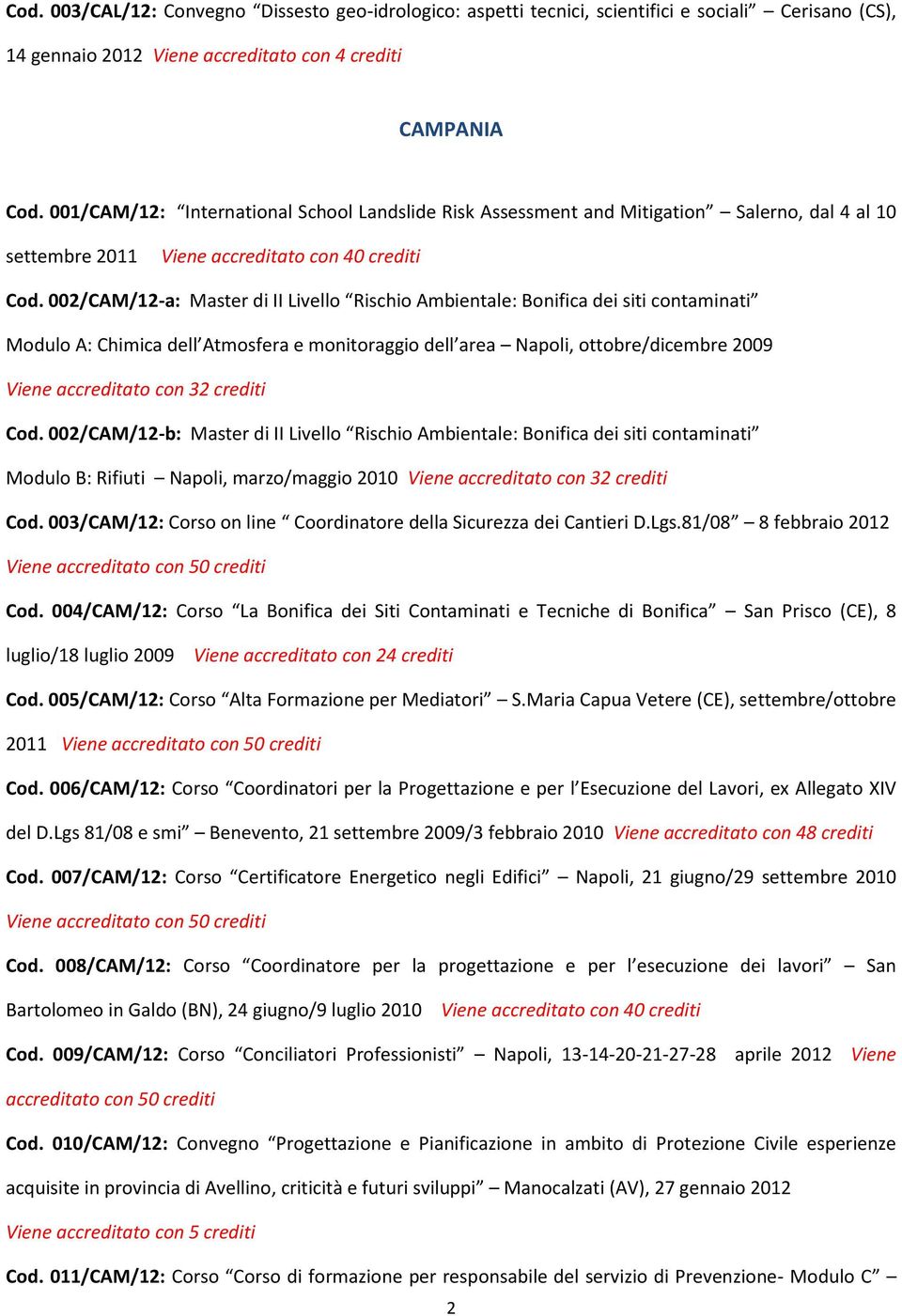 002/CAM/12-a: Master di II Livello Rischio Ambientale: Bonifica dei siti contaminati Modulo A: Chimica dell Atmosfera e monitoraggio dell area Napoli, ottobre/dicembre 2009 Viene accreditato con 32