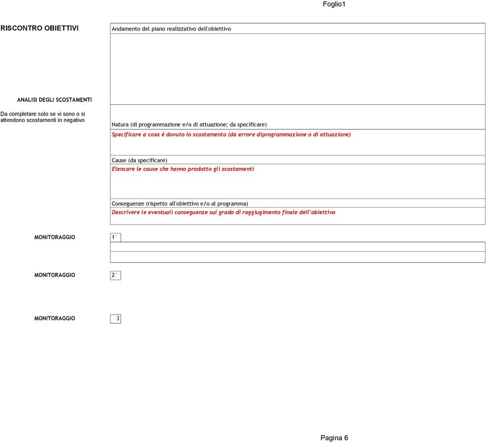 diprogrammazione o di attuazione) Cause (da specificare) Elencare le cause che hanno prodotto gli scostamenti Conseguenze (rispetto