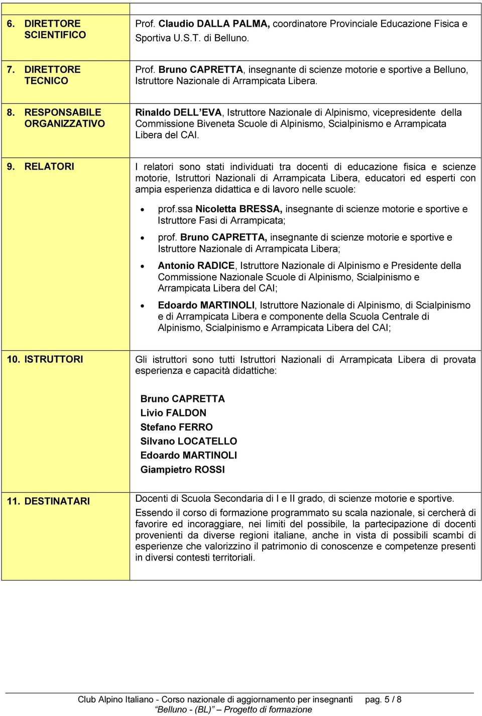 RESPONSABILE ORGANIZZATIVO Rinaldo DELL EVA, Istruttore Nazionale di Alpinismo, vicepresidente della Commissione Biveneta Scuole di Alpinismo, Scialpinismo e Arrampicata Libera del CAI. 9.