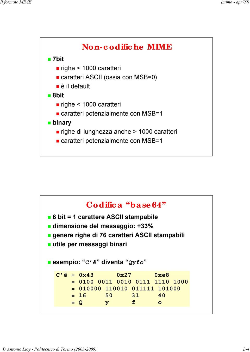 ASCII stampabile dimensione del messaggio: +33% genera righe di 76 caratteri ASCII stampabili utile per messaggi binari esempio: C è diventa Qyfo