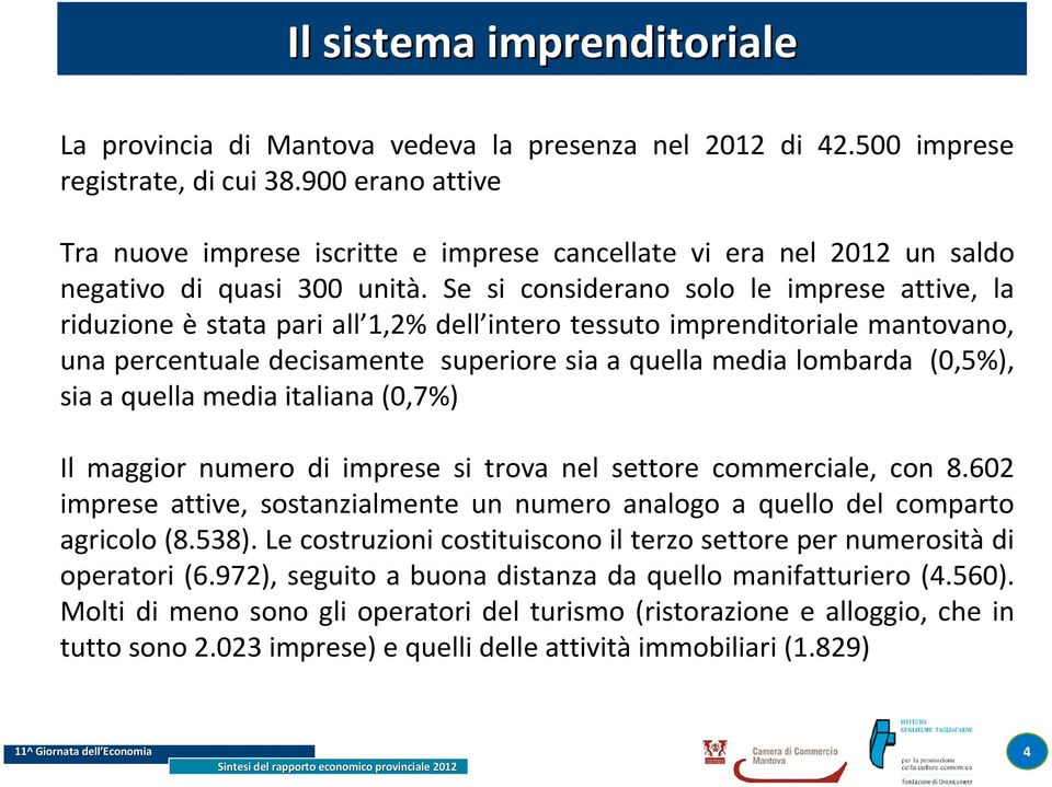 Se si considerano solo le imprese attive, la riduzione è stata pari all 1,2% dell intero tessuto imprenditoriale mantovano, una percentuale decisamente superiore sia a quella media lombarda (0,5%),