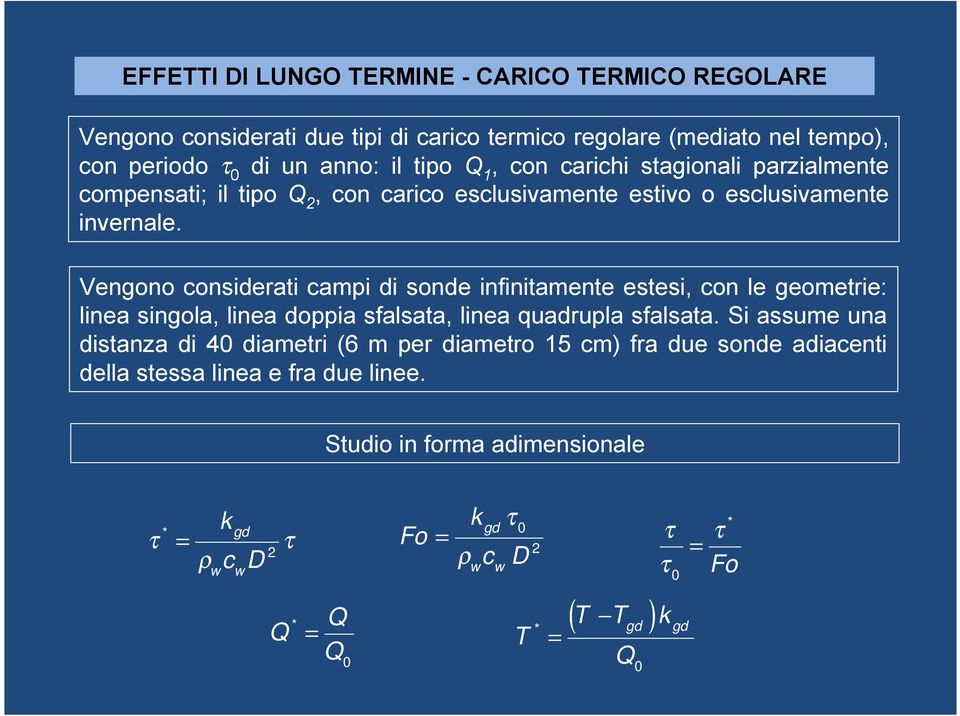 Vengono considerati campi di sonde infinitamente estesi, con le geometrie: linea singola, linea doppia sfalsata, linea quadrupla sfalsata.