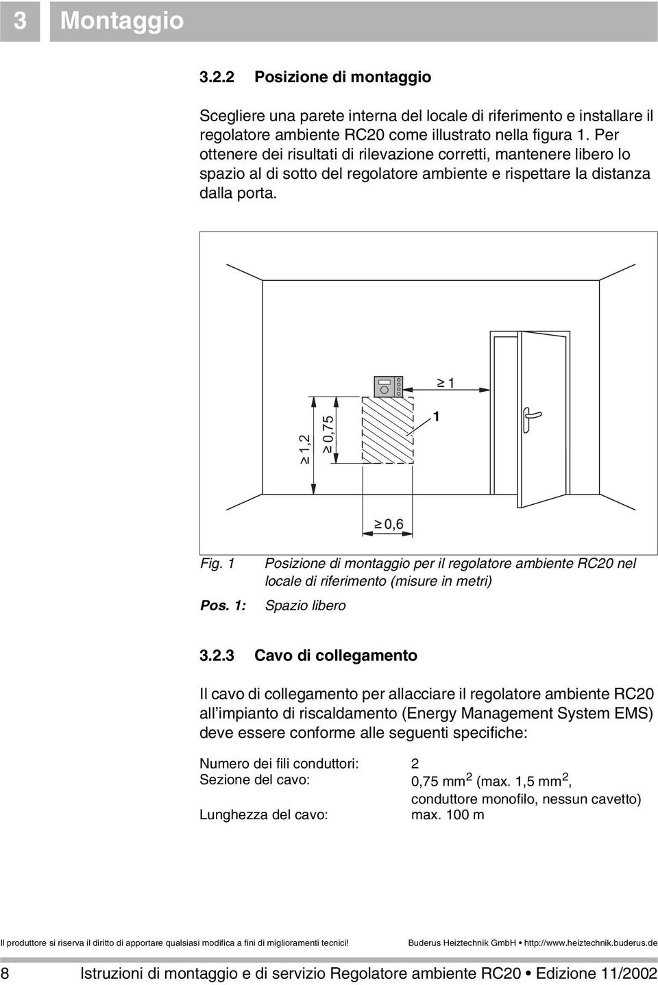 1: Posizione di montaggio per il regolatore ambiente RC20